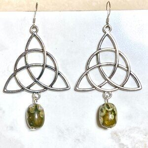 2/$20, Genuine Green Rhyolite Celtic Trinity Sterling Silver Dangle Earrings